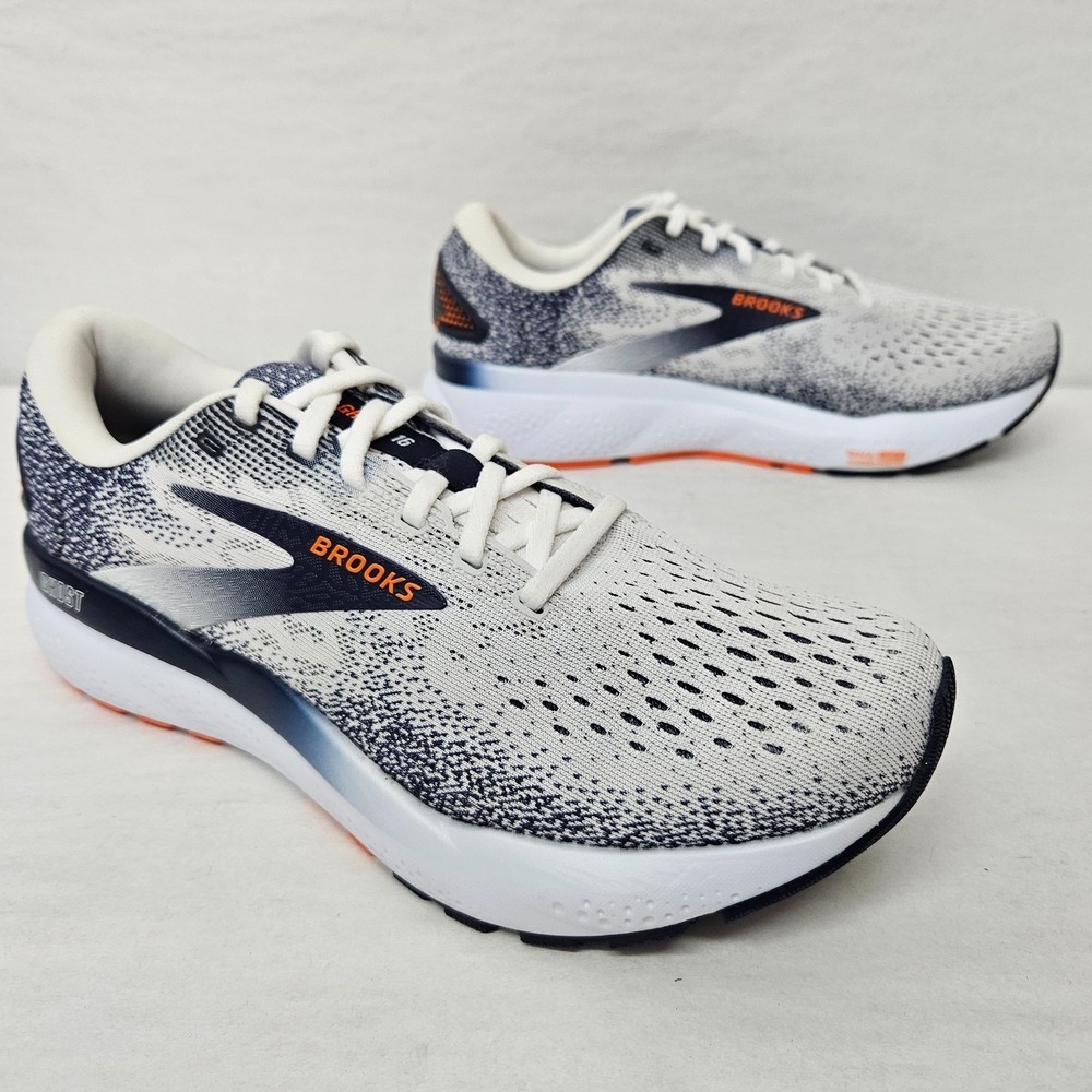 Brooks Ghost 16 Running Shoes 1104181D130 White Peacoat Orange‎ Men's Size 8